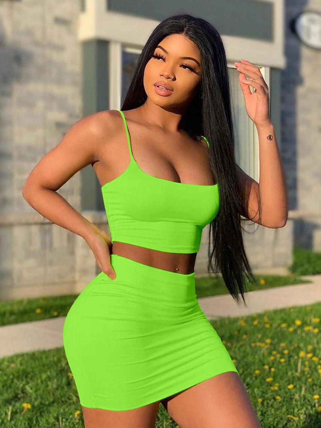 imageBORIFLORS Womens Sexy 2 Piece Bodycon Mini Party Dresses Halloween Costume Strap Crop Top Short Skirt SetLight Green