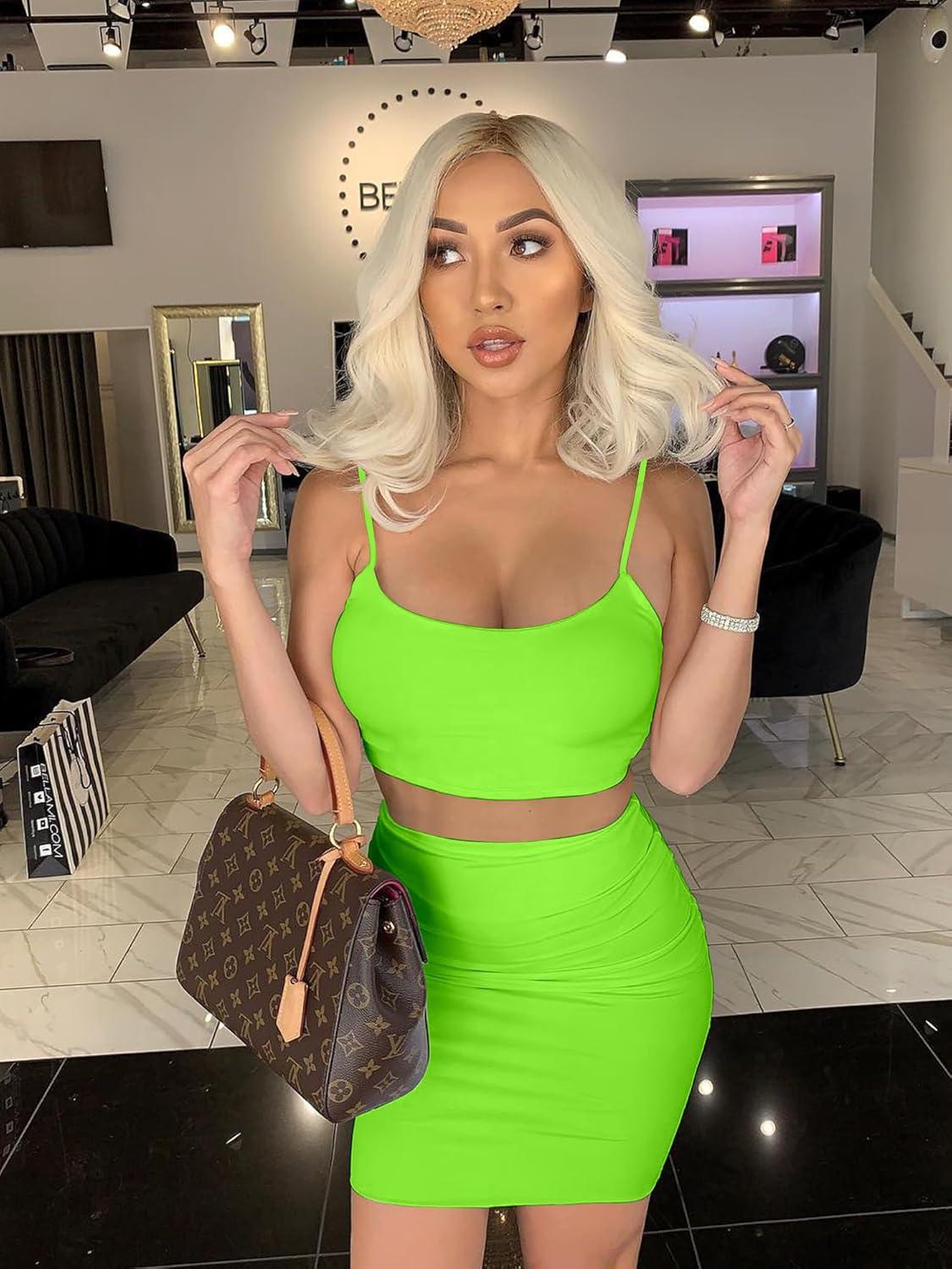 imageBORIFLORS Womens Sexy 2 Piece Bodycon Mini Party Dresses Halloween Costume Strap Crop Top Short Skirt SetLight Green