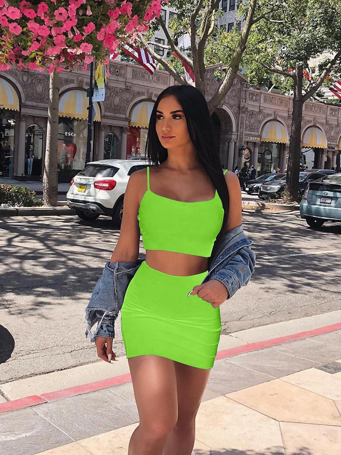 imageBORIFLORS Womens Sexy 2 Piece Bodycon Mini Party Dresses Halloween Costume Strap Crop Top Short Skirt SetLight Green