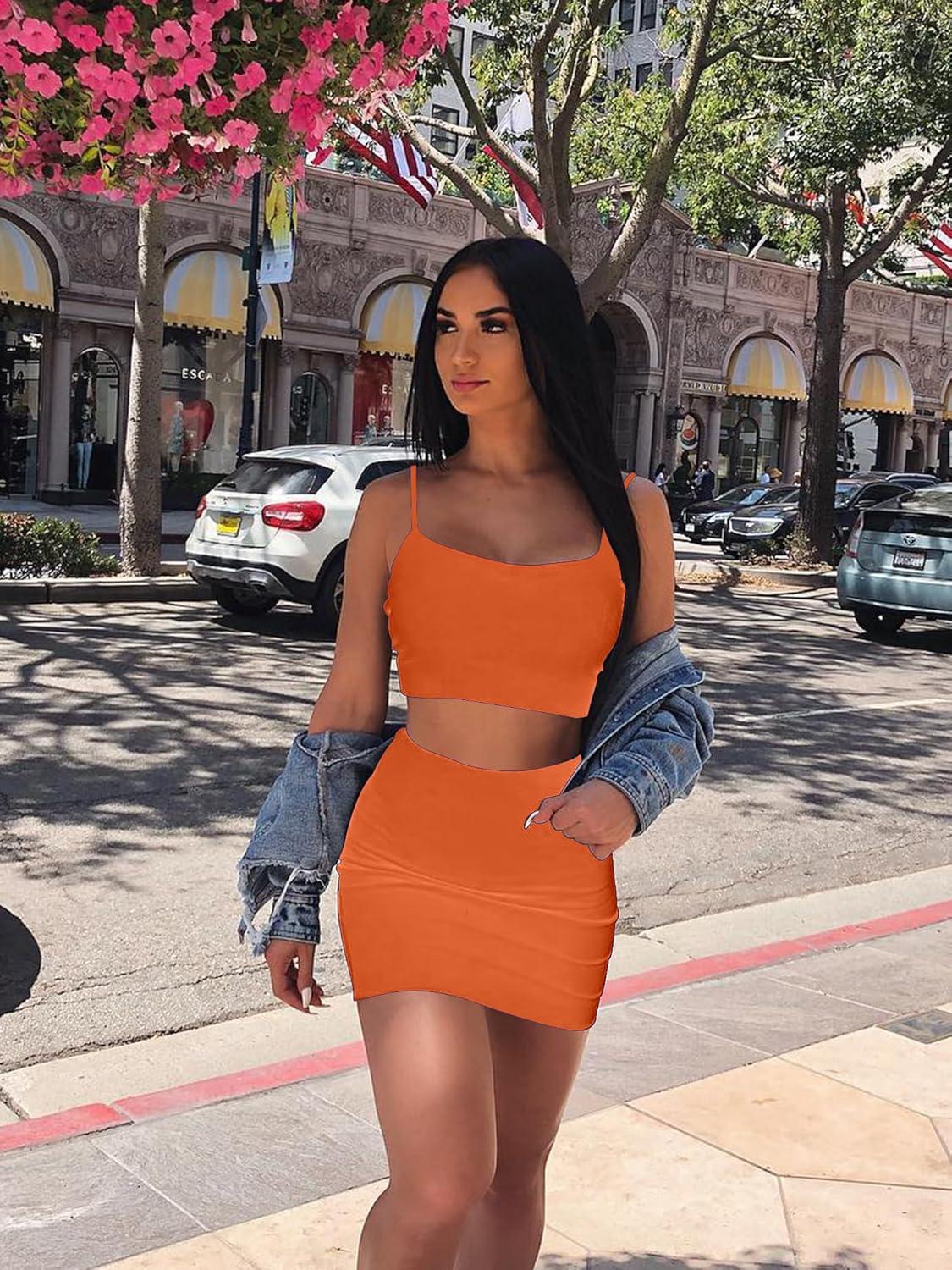 imageBORIFLORS Womens Sexy 2 Piece Bodycon Mini Party Dresses Halloween Costume Strap Crop Top Short Skirt SetOrange