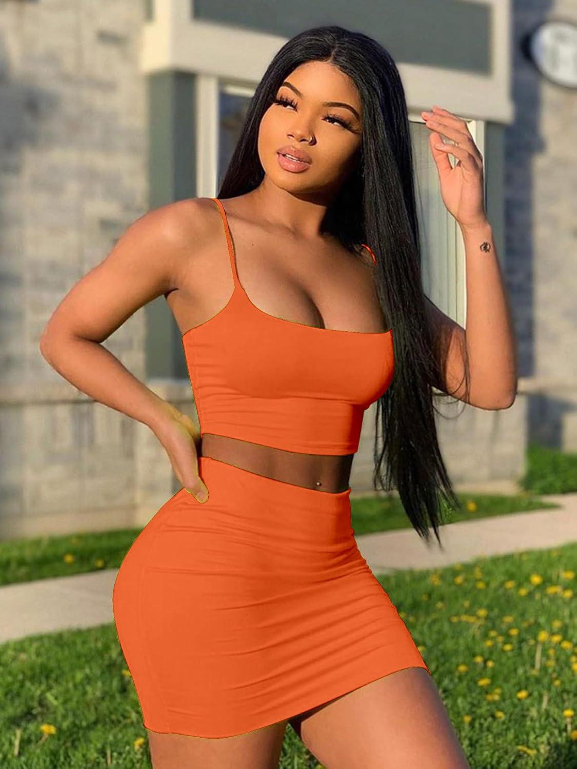 imageBORIFLORS Womens Sexy 2 Piece Bodycon Mini Party Dresses Halloween Costume Strap Crop Top Short Skirt SetOrange