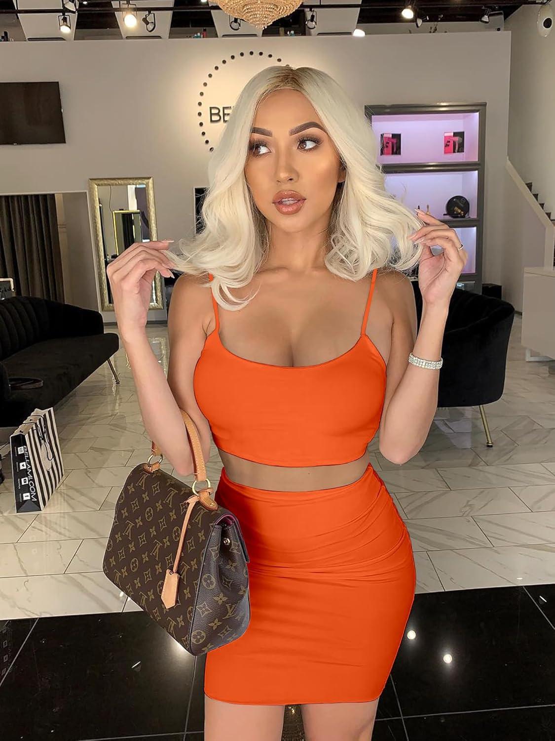 imageBORIFLORS Womens Sexy 2 Piece Bodycon Mini Party Dresses Halloween Costume Strap Crop Top Short Skirt SetOrange