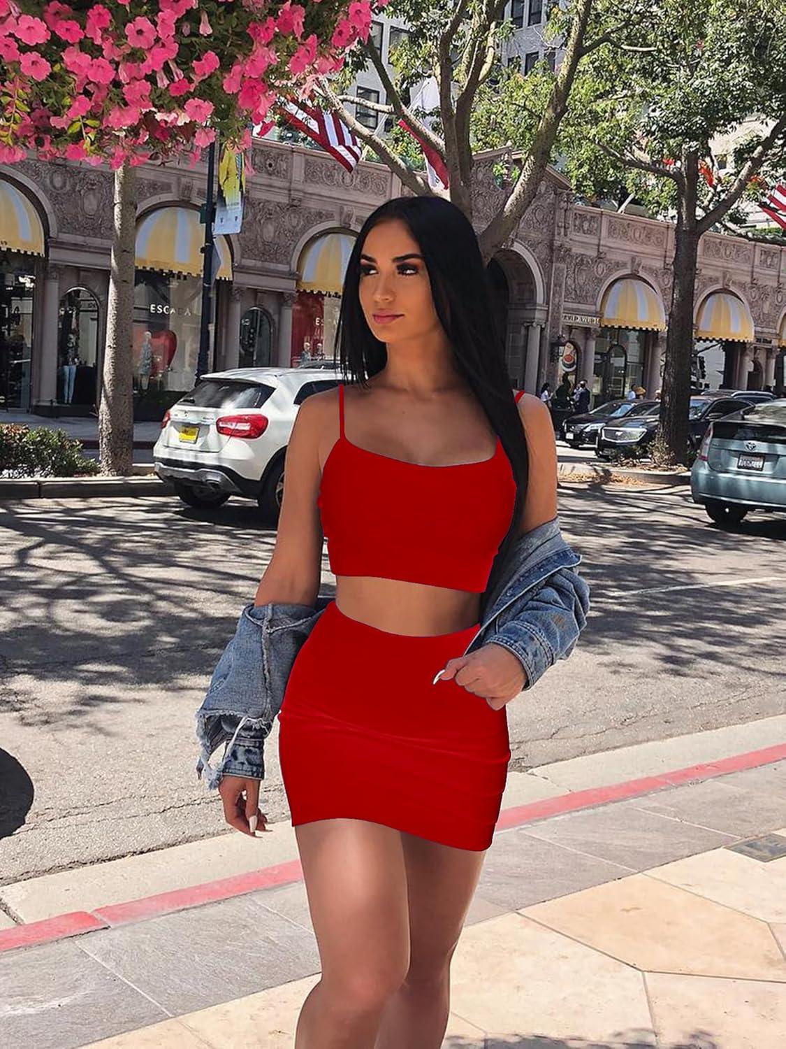 imageBORIFLORS Womens Sexy 2 Piece Bodycon Mini Party Dresses Halloween Costume Strap Crop Top Short Skirt SetRed