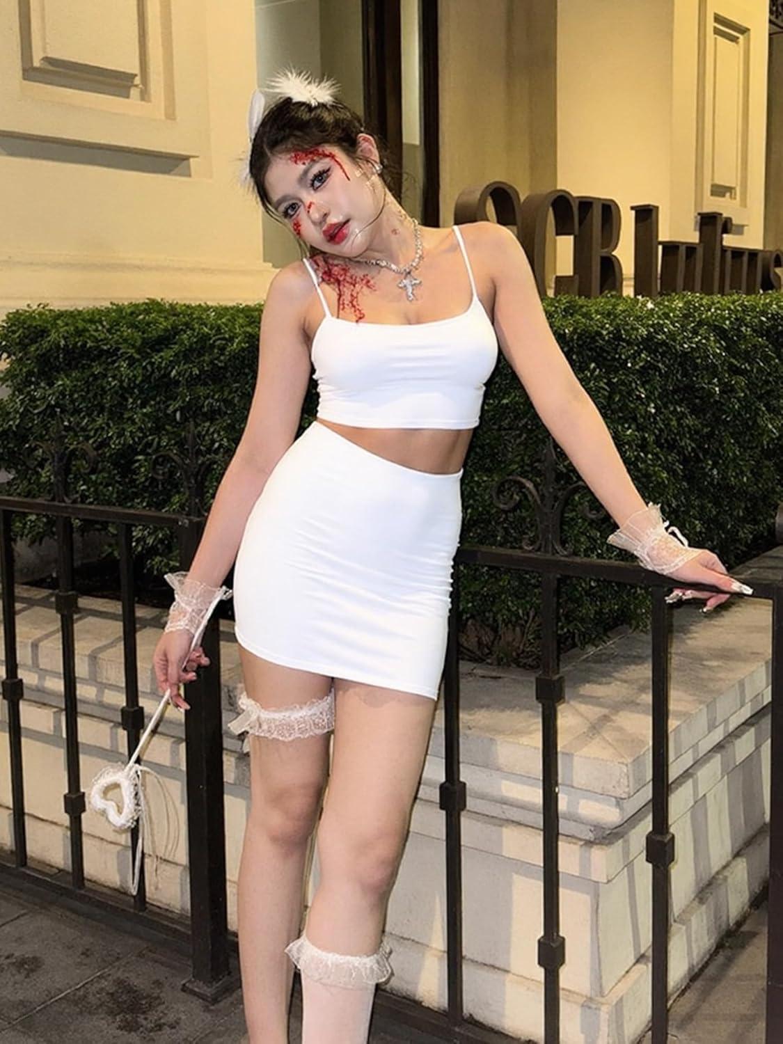 imageBORIFLORS Womens Sexy 2 Piece Bodycon Mini Party Dresses Halloween Costume Strap Crop Top Short Skirt SetWhite