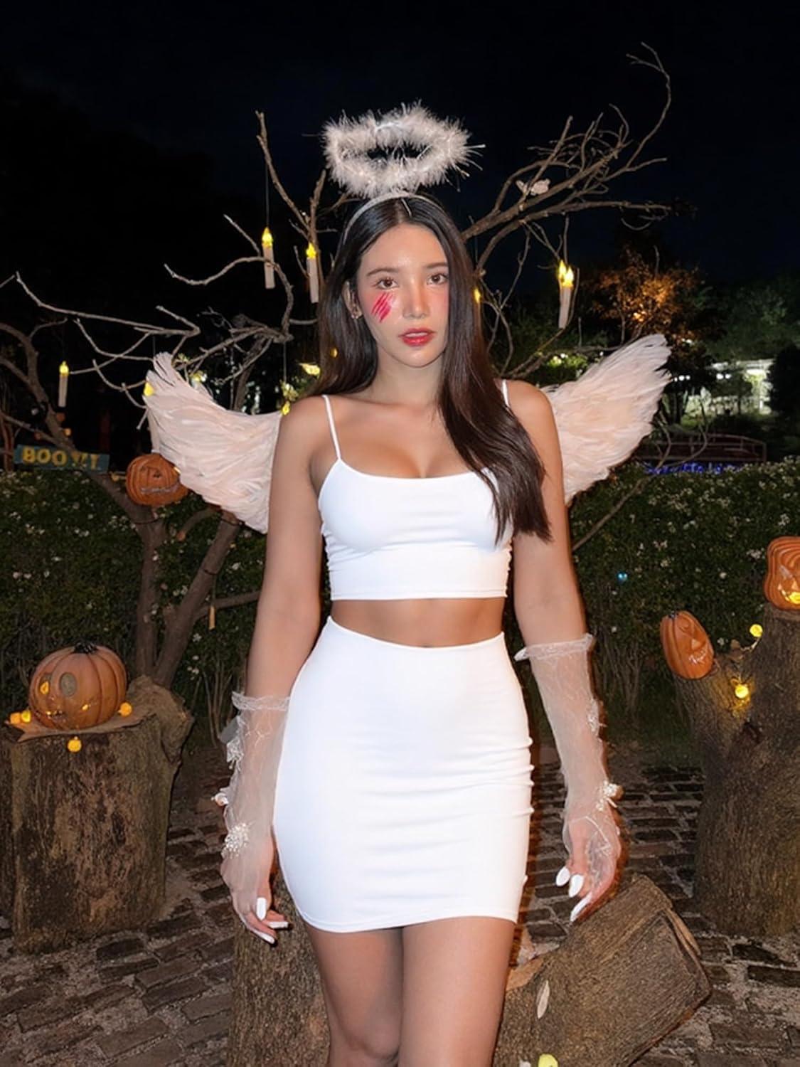 imageBORIFLORS Womens Sexy 2 Piece Bodycon Mini Party Dresses Halloween Costume Strap Crop Top Short Skirt SetWhite