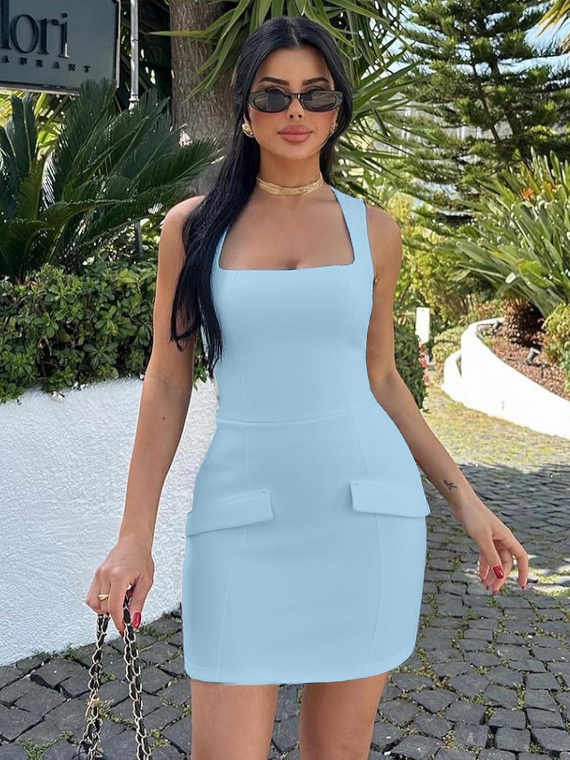 imageBORIFLORS Womens Sexy Bodycon Corset Mini A Line Dresses Sleeveless Square Neck Party Short DressBaby Blue