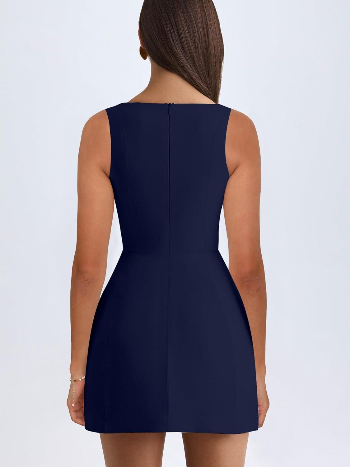 imageBORIFLORS Womens Sexy Bodycon Corset Mini A Line Dresses Sleeveless Square Neck Party Short DressNavy