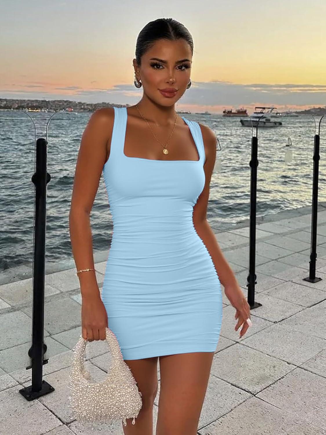 imageBORIFLORS Womens Sexy Bodycon Corset Mini Dresses Square Neck Ruched Sleeveless Club Party Short DressBaby Blue