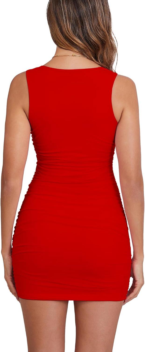 imageBORIFLORS Womens Sexy Bodycon Corset Mini Dresses Square Neck Ruched Sleeveless Club Party Short DressRed