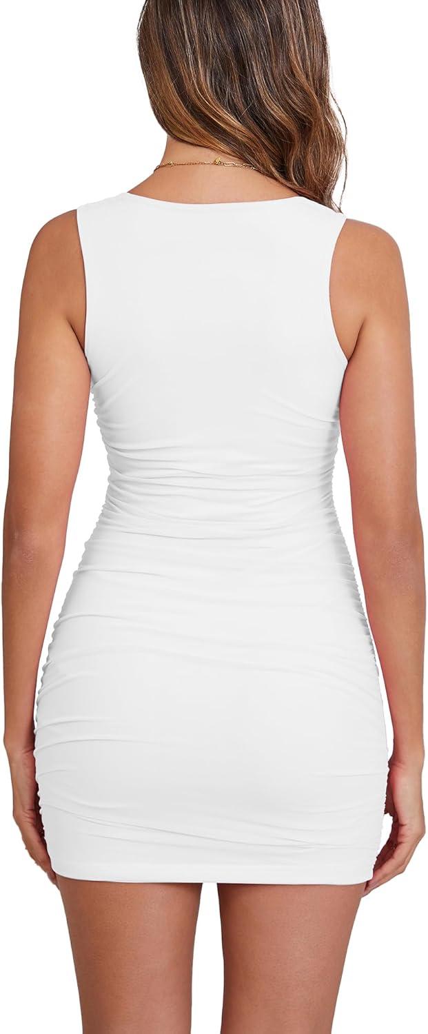 imageBORIFLORS Womens Sexy Bodycon Corset Mini Dresses Square Neck Ruched Sleeveless Club Party Short DressWhite