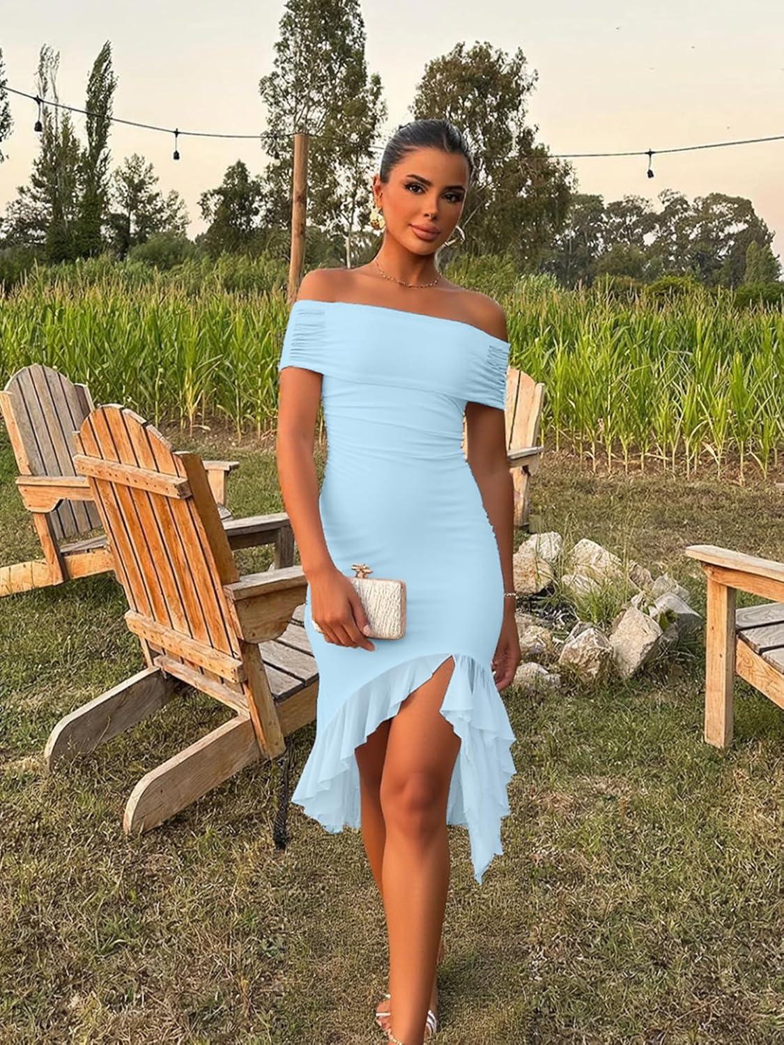 imageBORIFLORS Womens Sexy Off The Shoulder Bodycon Midi Dresses Elegant Ruched Ruffle Hem Cocktail Party DressBaby Blue
