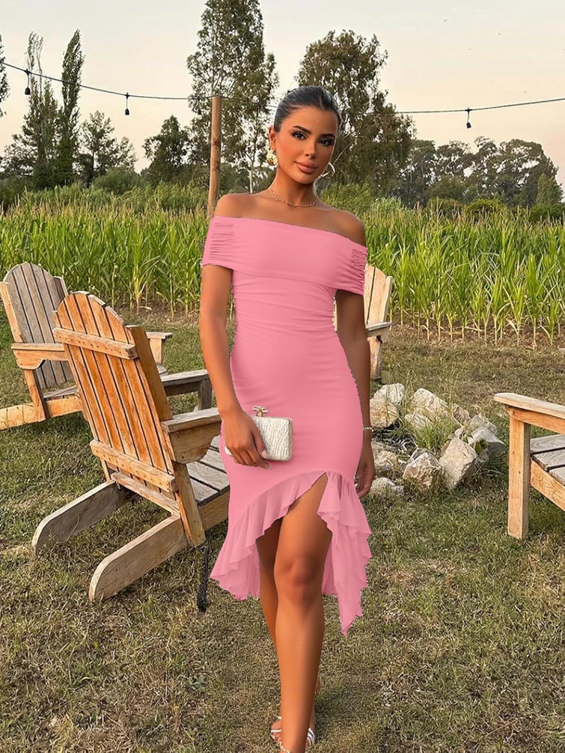 imageBORIFLORS Womens Sexy Off The Shoulder Bodycon Midi Dresses Elegant Ruched Ruffle Hem Cocktail Party DressPink