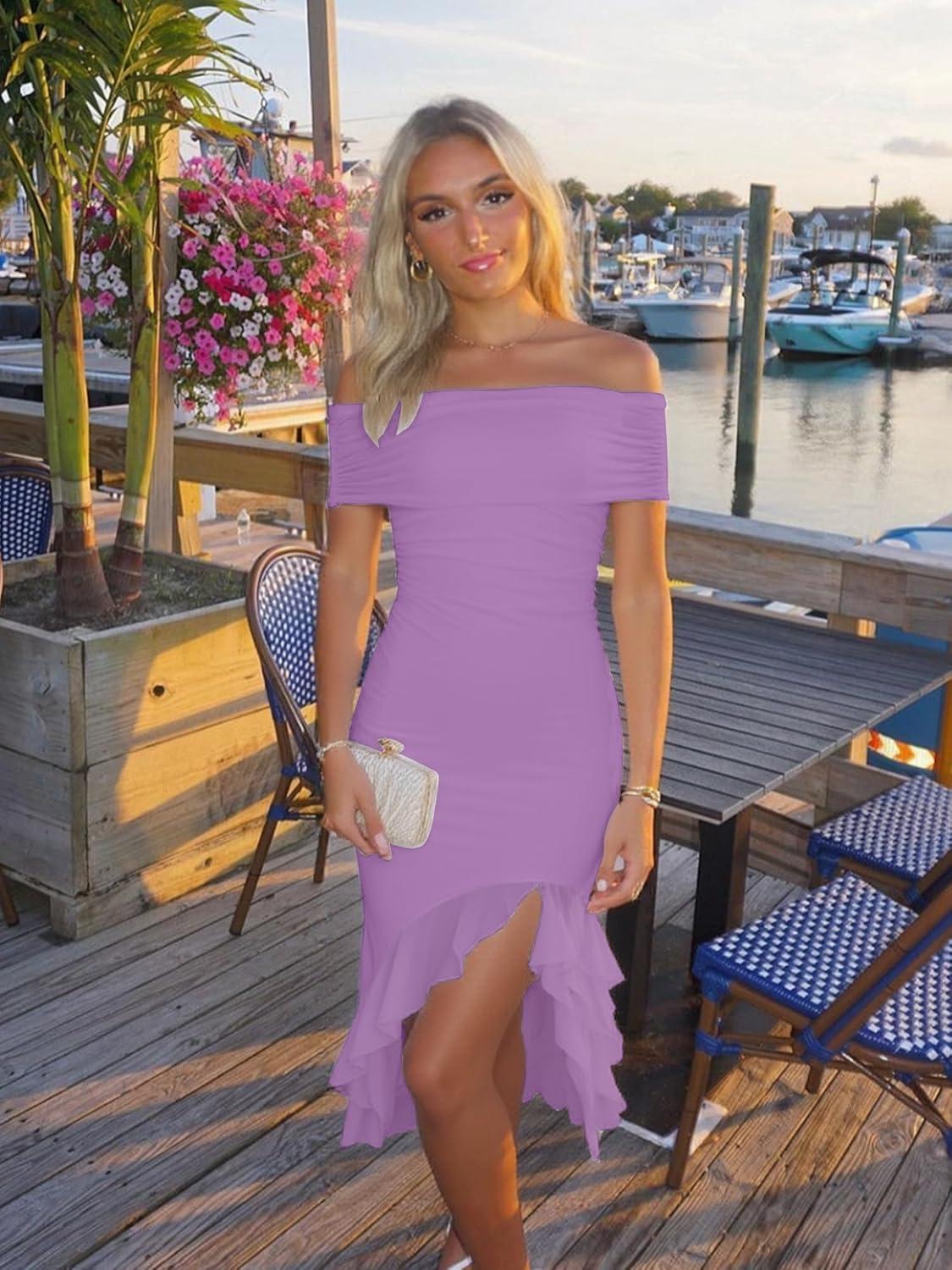 imageBORIFLORS Womens Sexy Off The Shoulder Bodycon Midi Dresses Elegant Ruched Ruffle Hem Cocktail Party DressPurple