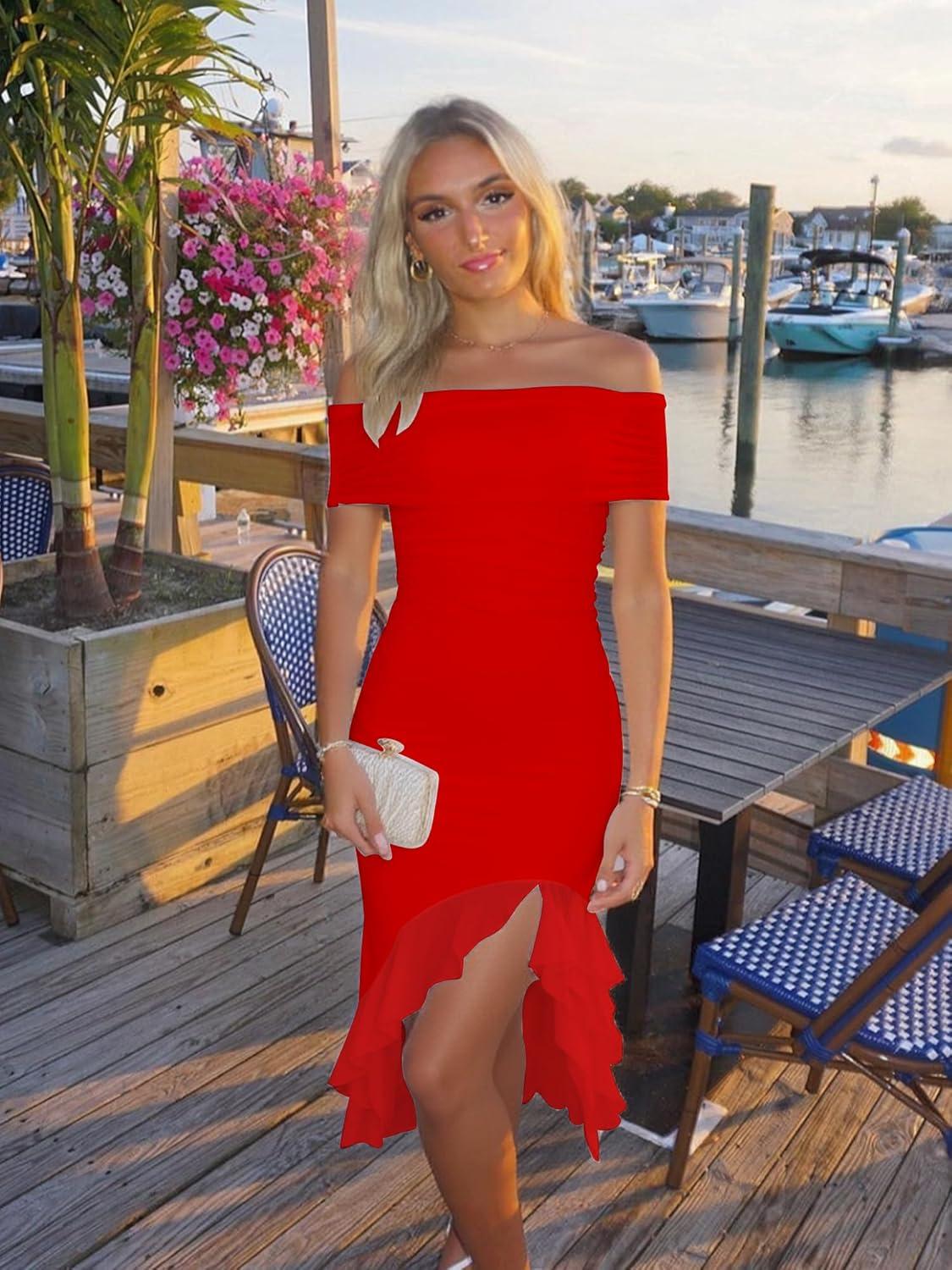 imageBORIFLORS Womens Sexy Off The Shoulder Bodycon Midi Dresses Elegant Ruched Ruffle Hem Cocktail Party DressRed