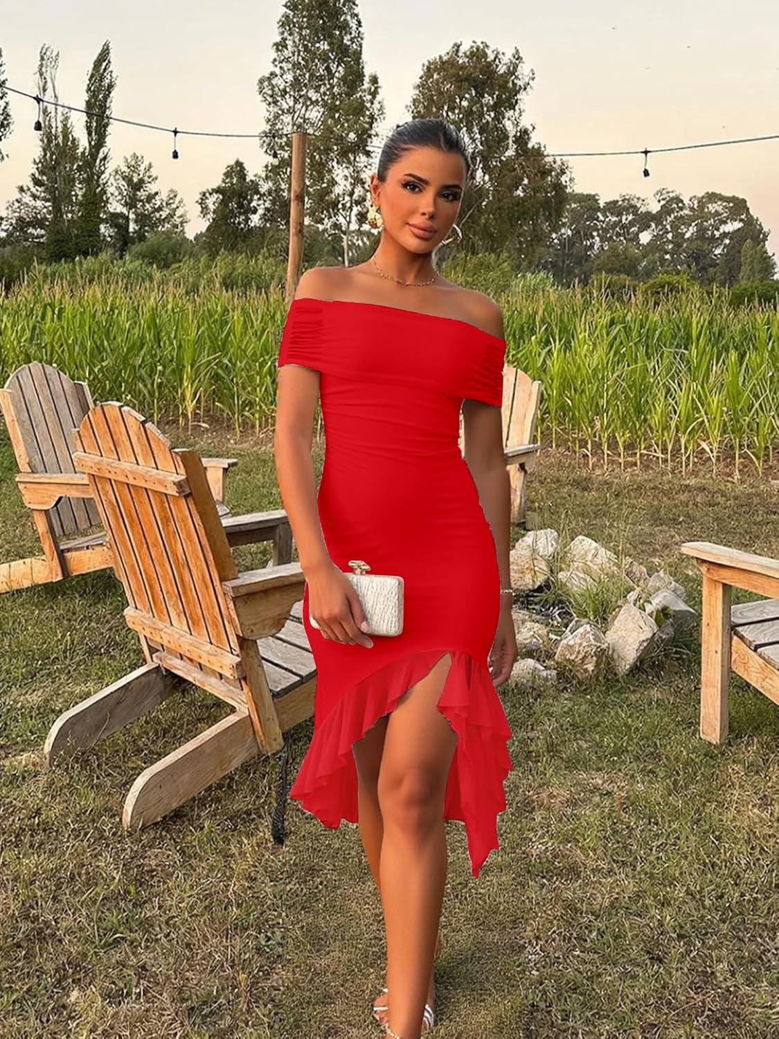 imageBORIFLORS Womens Sexy Off The Shoulder Bodycon Midi Dresses Elegant Ruched Ruffle Hem Cocktail Party DressRed