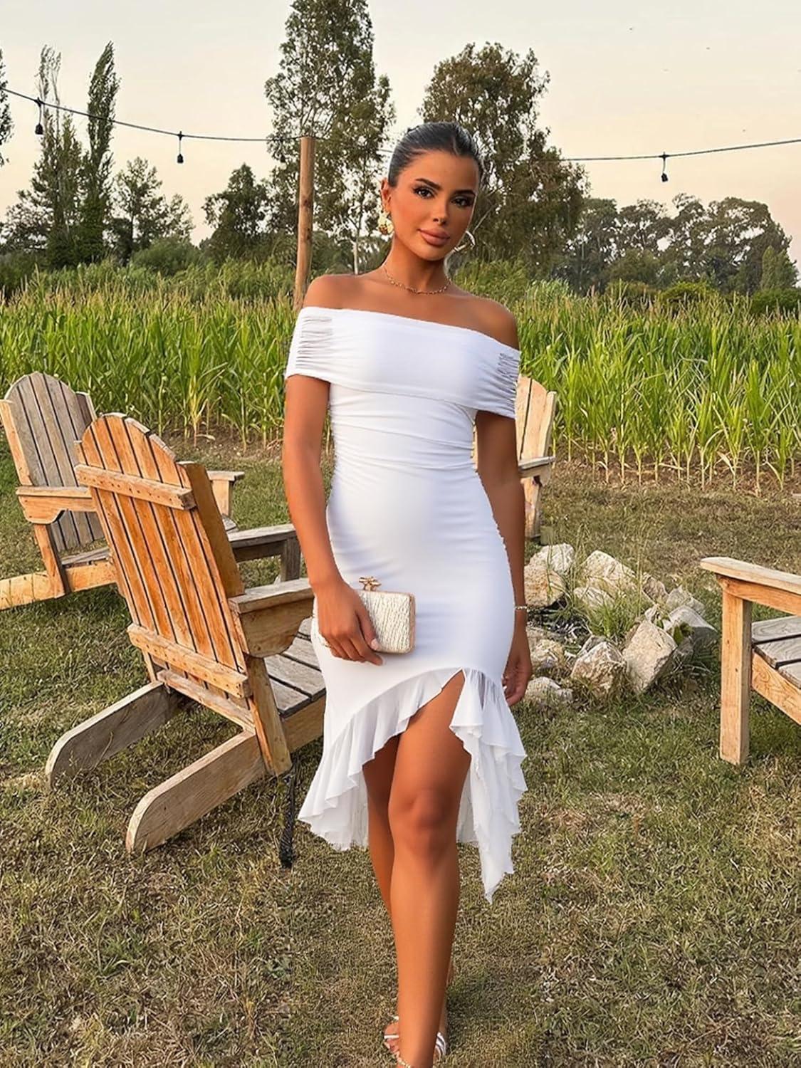 imageBORIFLORS Womens Sexy Off The Shoulder Bodycon Midi Dresses Elegant Ruched Ruffle Hem Cocktail Party DressWhite