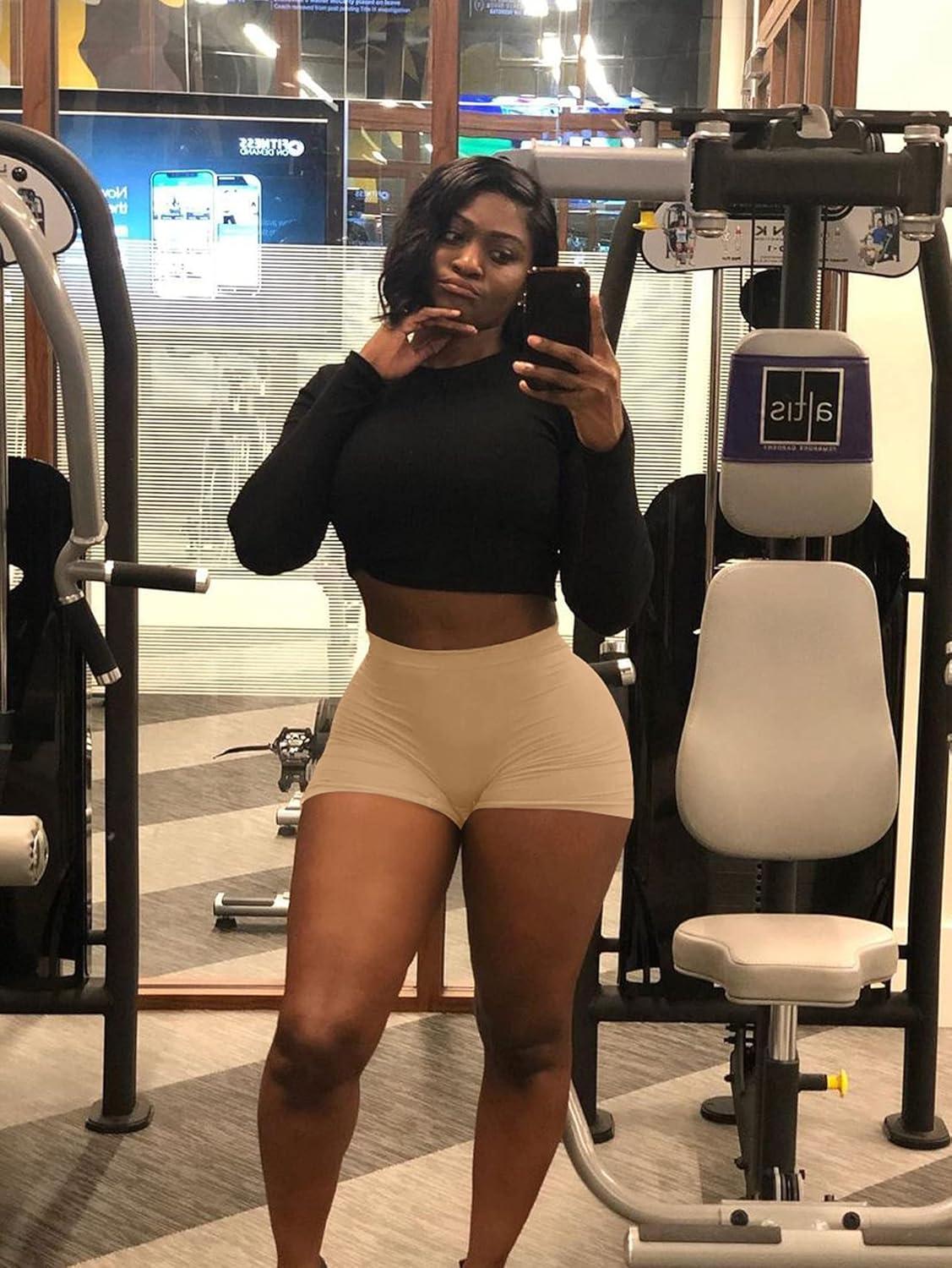 imageBORIFLORS Womens Sexy Workout Gym Biker Elastic Waist Booty ShortsKhaki