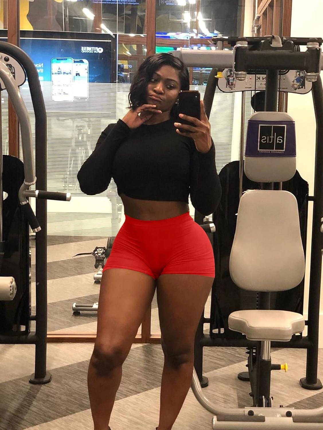 imageBORIFLORS Womens Sexy Workout Gym Biker Elastic Waist Booty ShortsRed