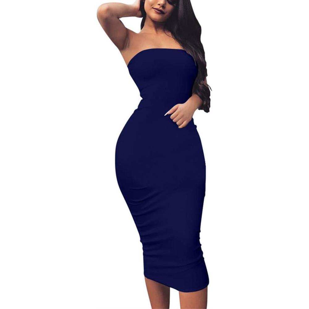 imageBORIFLORS Womens Basic Sleeveless Tube Top Sexy Strapless Bodycon Midi Club DressNavy