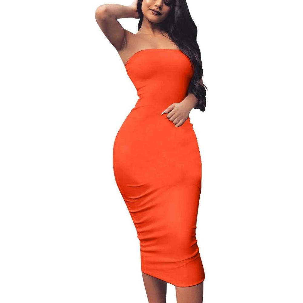 imageBORIFLORS Womens Basic Sleeveless Tube Top Sexy Strapless Bodycon Midi Club DressOrangered