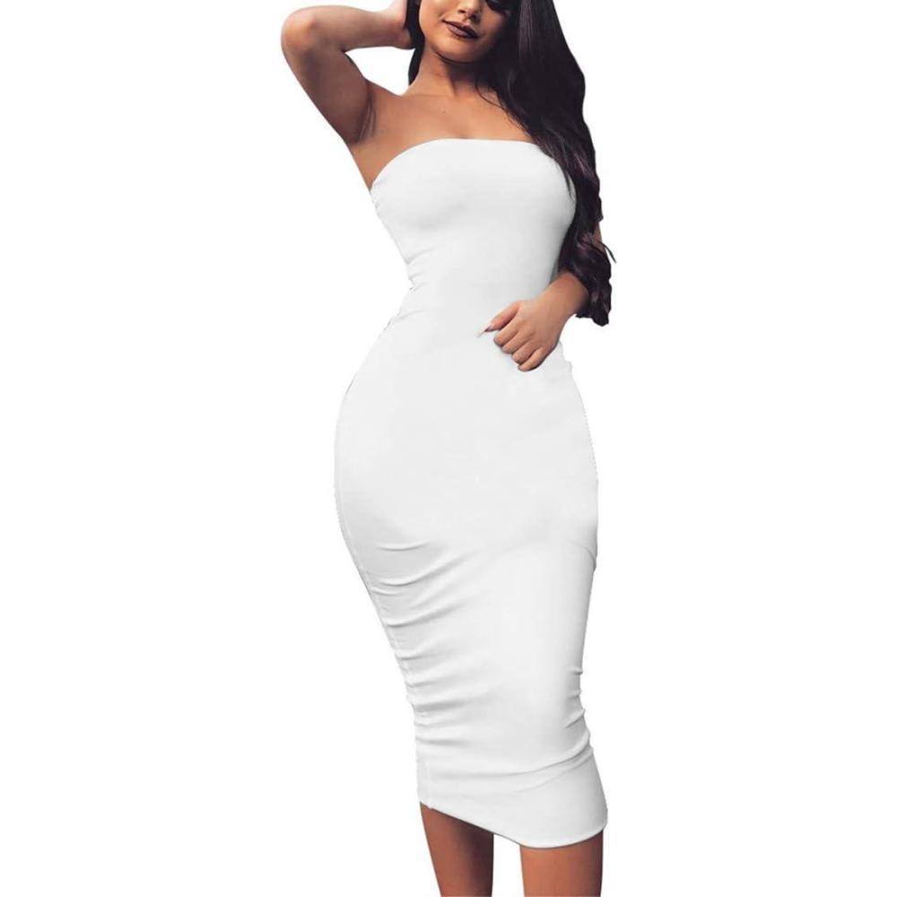 imageBORIFLORS Womens Basic Sleeveless Tube Top Sexy Strapless Bodycon Midi Club DressWhite