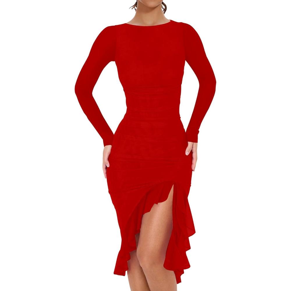 imageBORIFLORS Womens Mesh Long Sleeve Ruffle Hem Bodycon Midi Dresses Ruched Party Cocktail Wedding Guest DressRed
