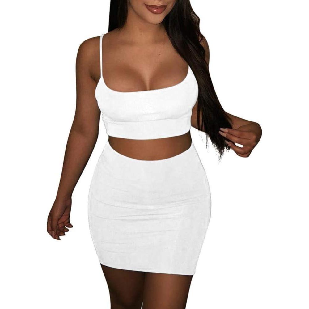 imageBORIFLORS Womens Sexy 2 Piece Bodycon Mini Party Dresses Halloween Costume Strap Crop Top Short Skirt SetWhite