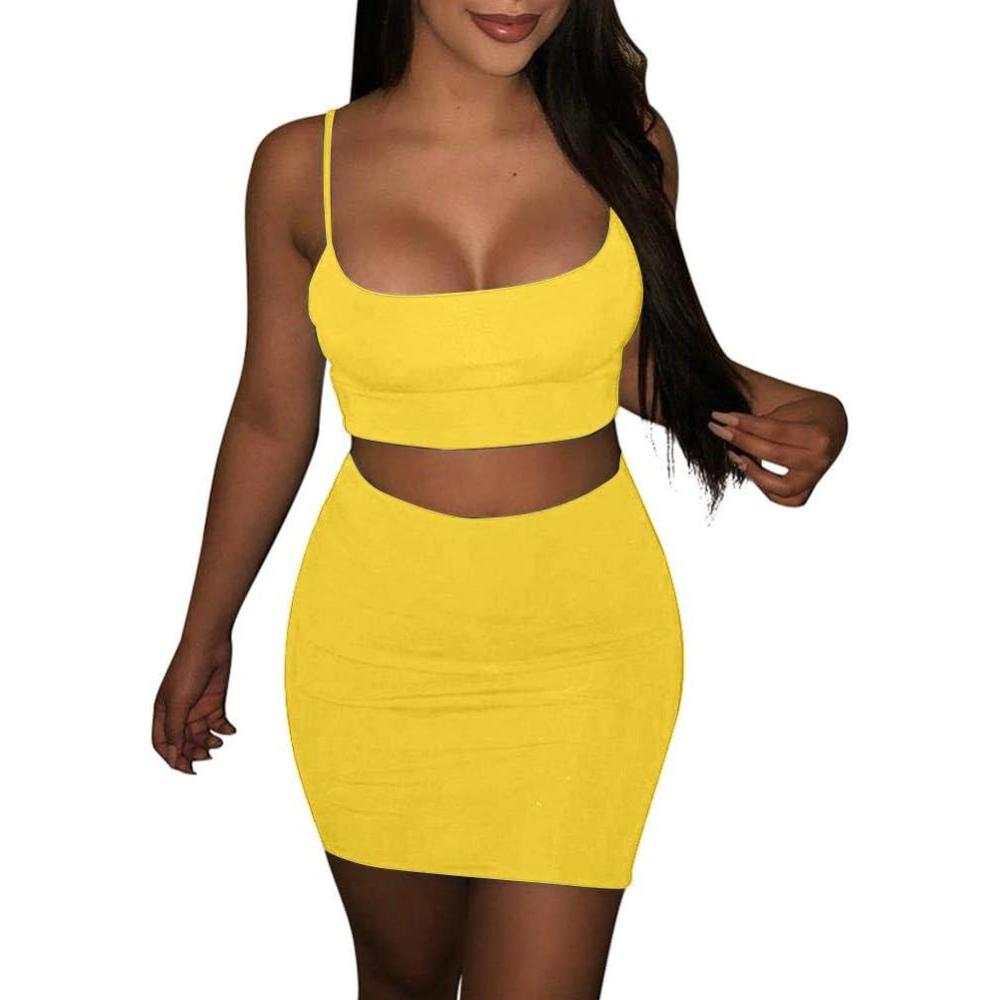 imageBORIFLORS Womens Sexy 2 Piece Bodycon Mini Party Dresses Halloween Costume Strap Crop Top Short Skirt SetYellow