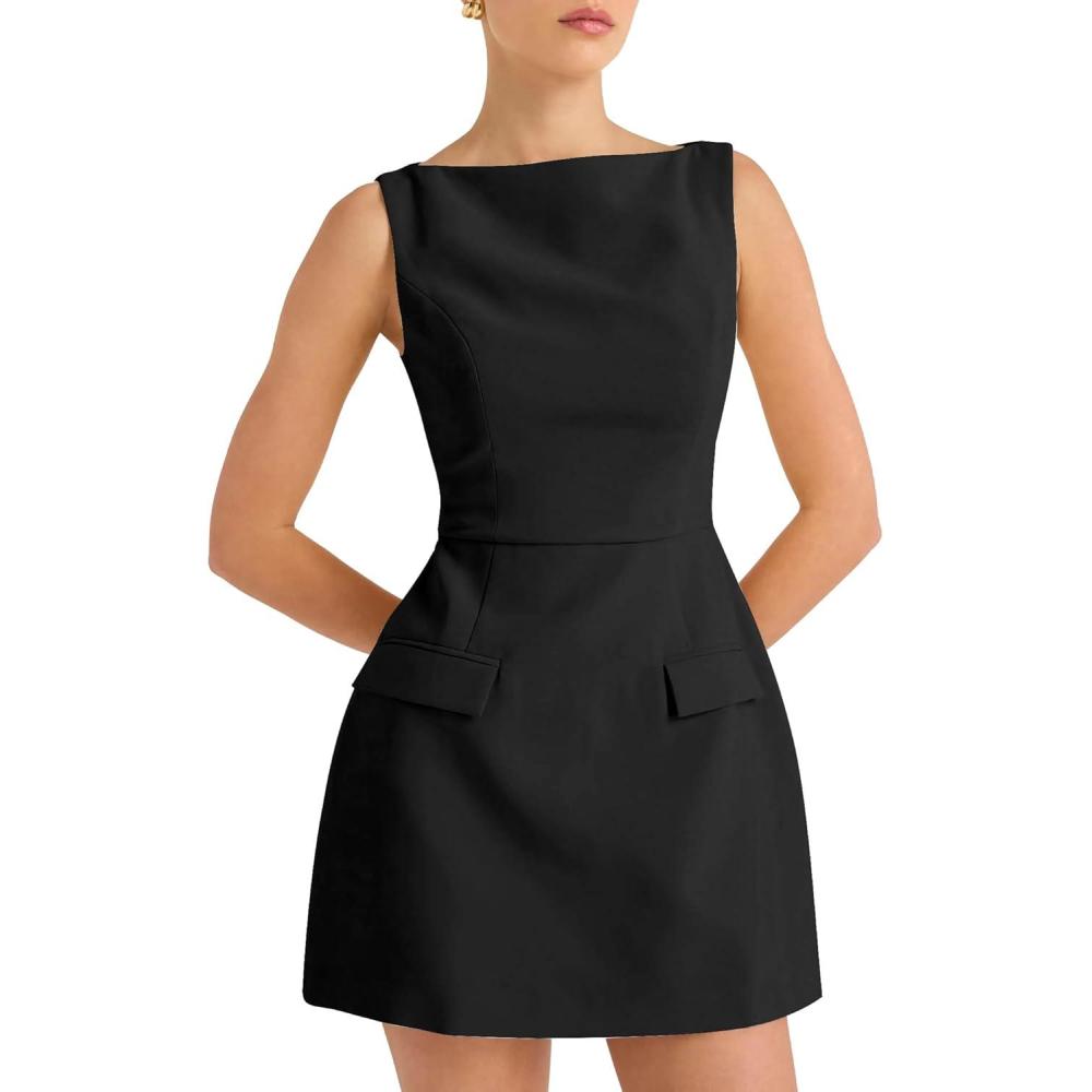 imageBORIFLORS Womens Sexy Bodycon Boat Neck Mini Dresses Elegant Classy Work Party Short DressBlack
