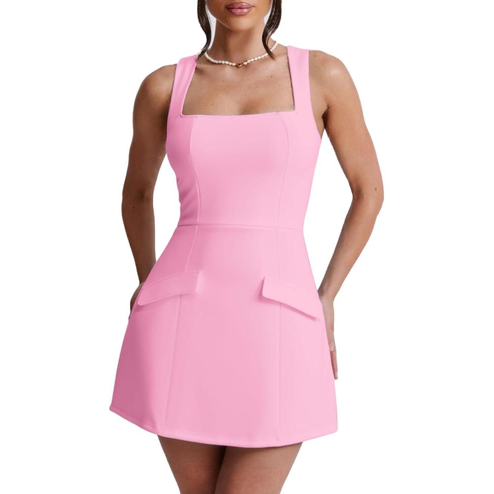 imageBORIFLORS Womens Sexy Bodycon Corset Mini A Line Dresses Sleeveless Square Neck Party Short DressPink