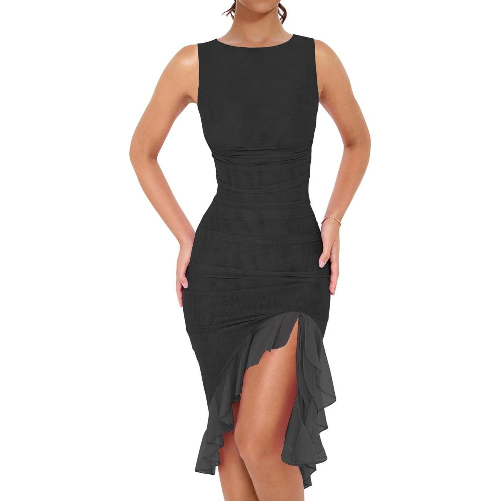 imageBORIFLORS Womens Sexy Elegant Boat Neck Bodycon Midi Dresses Ruffle Hem Sleeveless Ruched Cocktail Party Tank DressBlack
