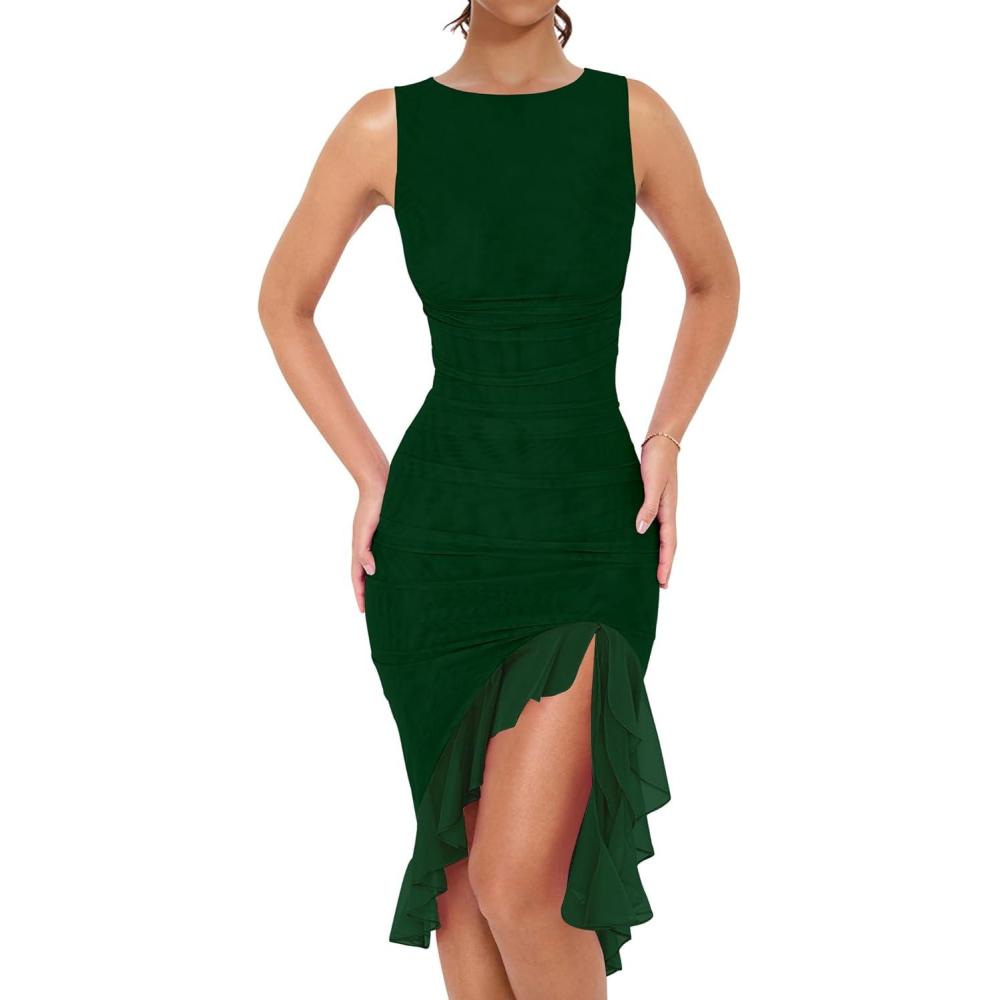 imageBORIFLORS Womens Sexy Elegant Boat Neck Bodycon Midi Dresses Ruffle Hem Sleeveless Ruched Cocktail Party Tank DressDark Green