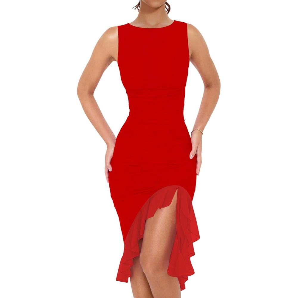 imageBORIFLORS Womens Sexy Elegant Boat Neck Bodycon Midi Dresses Ruffle Hem Sleeveless Ruched Cocktail Party Tank DressRed