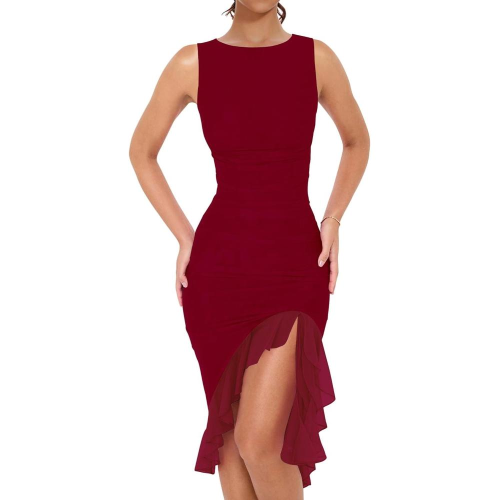 imageBORIFLORS Womens Sexy Elegant Boat Neck Bodycon Midi Dresses Ruffle Hem Sleeveless Ruched Cocktail Party Tank DressWine Red