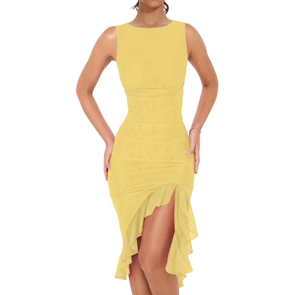imageBORIFLORS Womens Sexy Elegant Boat Neck Bodycon Midi Dresses Ruffle Hem Sleeveless Ruched Cocktail Party Tank DressYellow