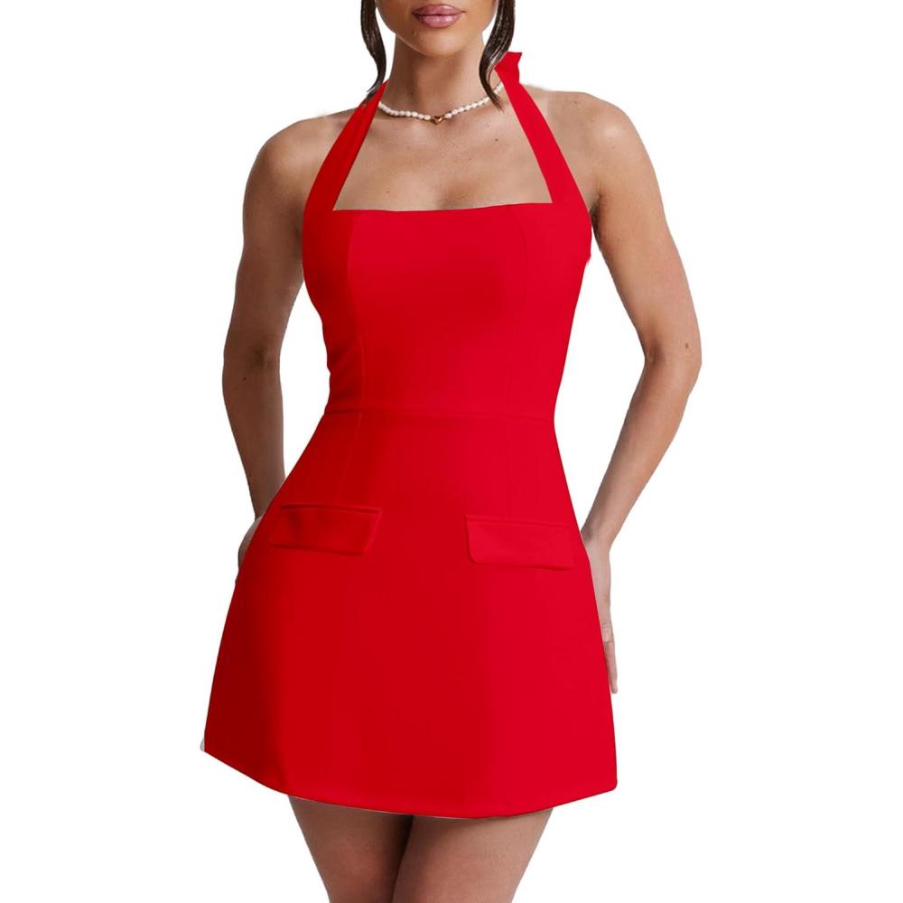 imageBORIFLORS Womens Sexy Halter Bodycon Mini Dress Corset Backless Aline Party Short DressesRed