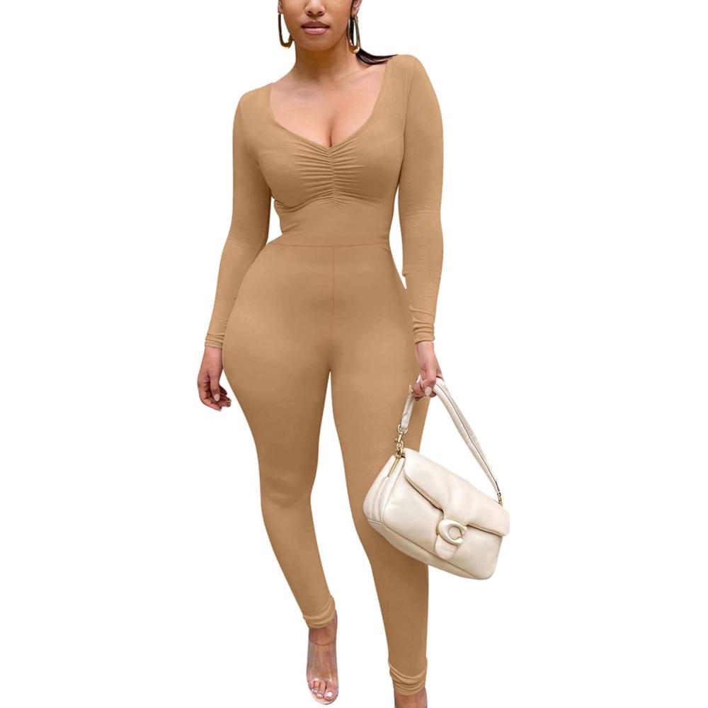 imageBORIFLORS Womens Sexy Long Sleeve Bodycon One Piece Jumpsuits Club Outfits V Neck Ruched RompersKhaki