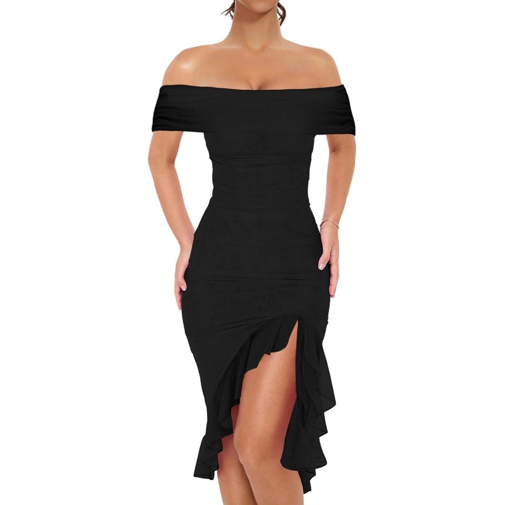 imageBORIFLORS Womens Sexy Off The Shoulder Bodycon Midi Dresses Elegant Ruched Ruffle Hem Cocktail Party DressBlack