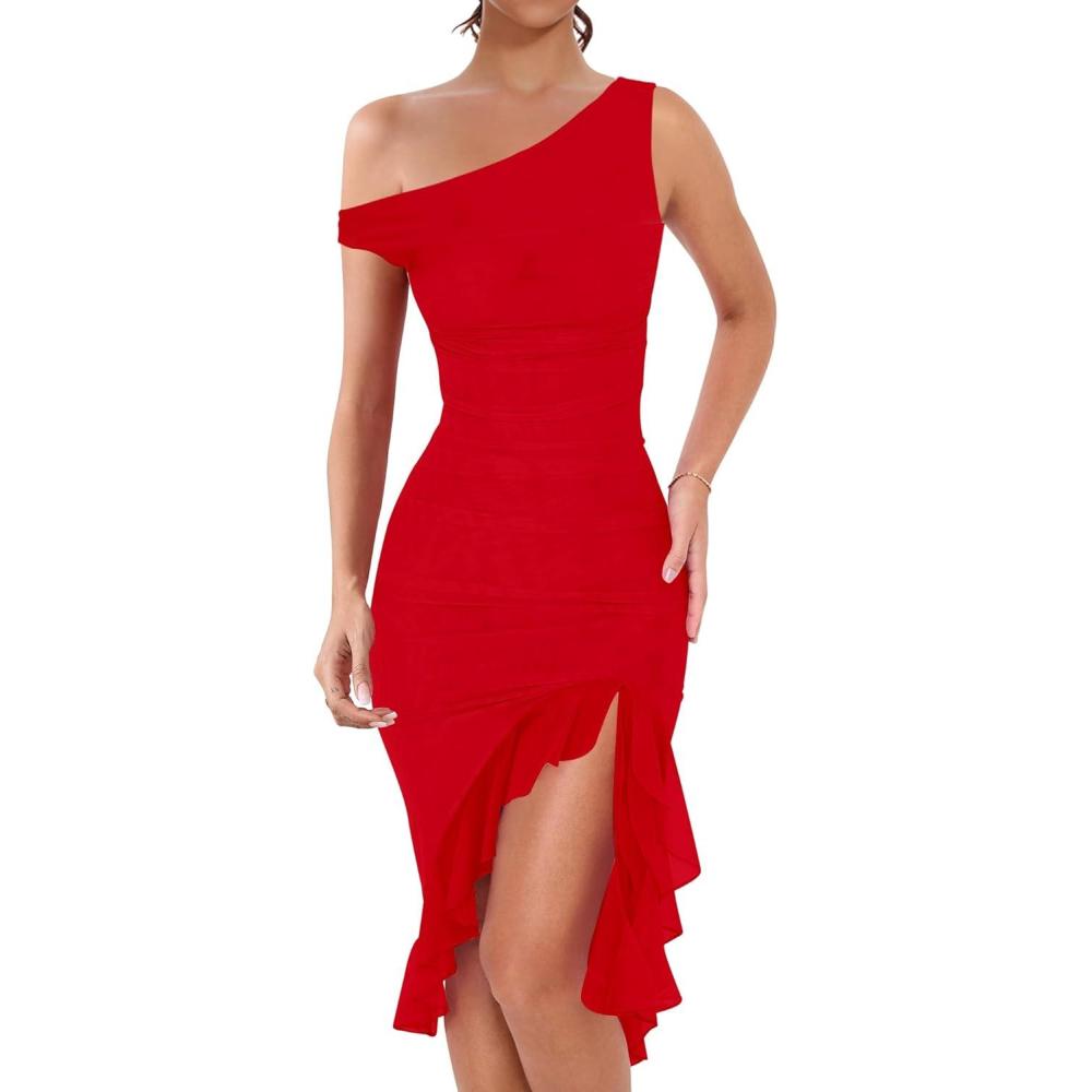 imageBORIFLORS Womens Sexy Off The Shoulder Bodycon Midi Dresses Elegant Ruched Ruffle Hem Cocktail Party DressOne Shoulder Red