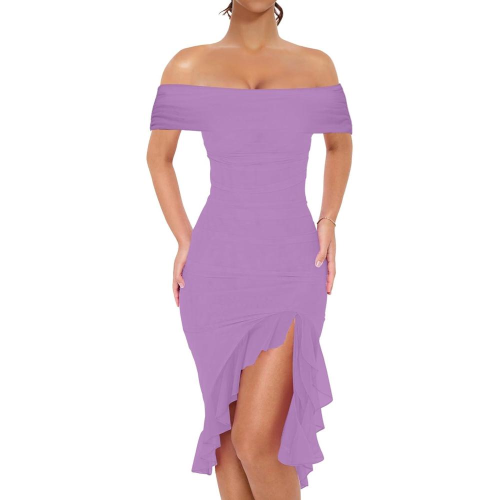 imageBORIFLORS Womens Sexy Off The Shoulder Bodycon Midi Dresses Elegant Ruched Ruffle Hem Cocktail Party DressPurple
