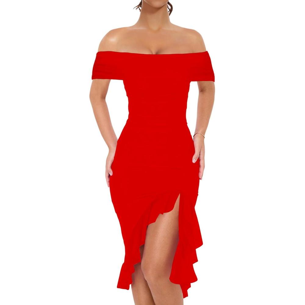 imageBORIFLORS Womens Sexy Off The Shoulder Bodycon Midi Dresses Elegant Ruched Ruffle Hem Cocktail Party DressRed