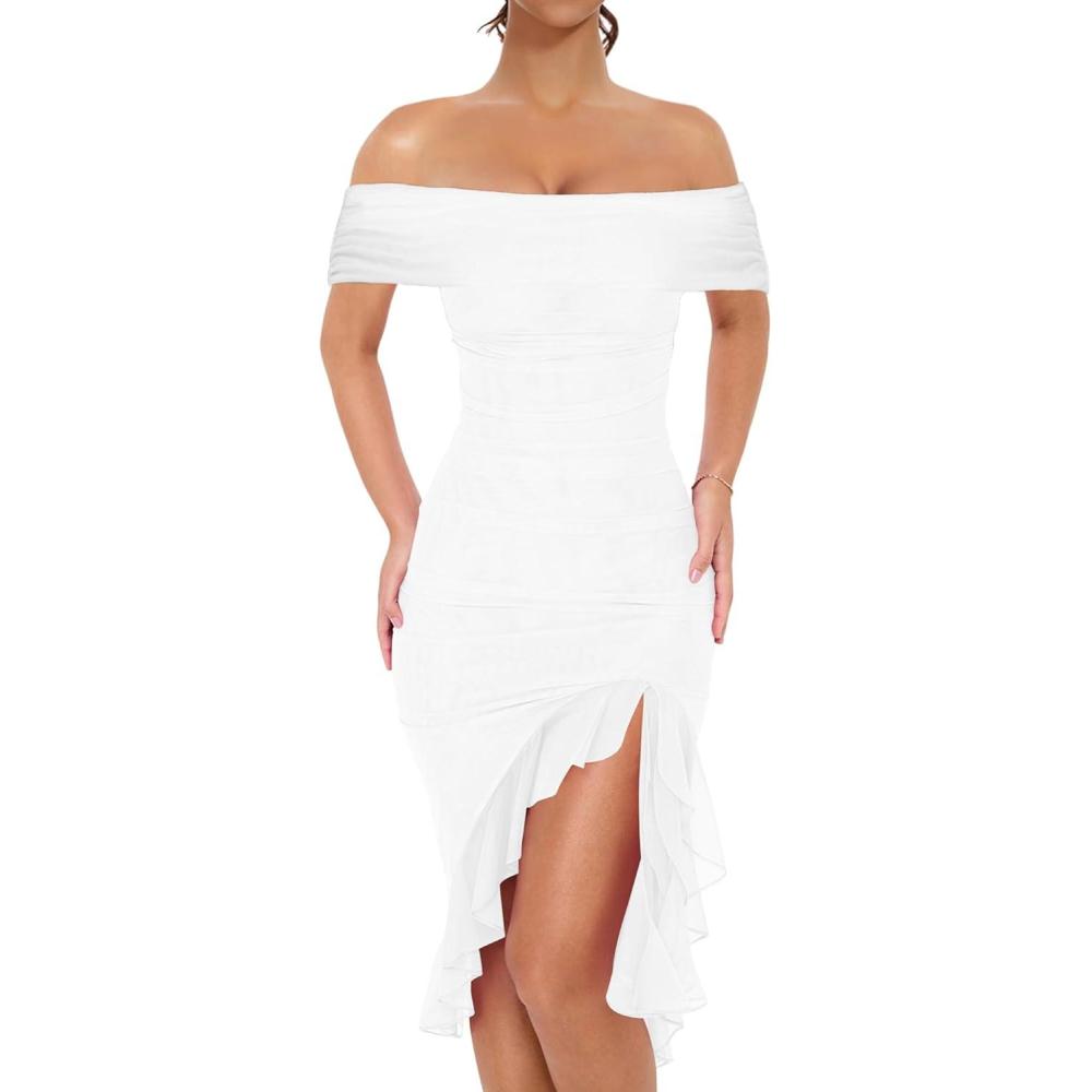 imageBORIFLORS Womens Sexy Off The Shoulder Bodycon Midi Dresses Elegant Ruched Ruffle Hem Cocktail Party DressWhite
