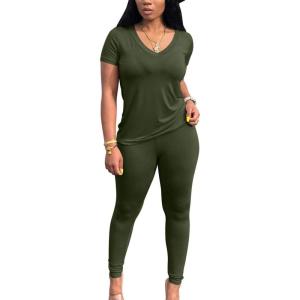 BORIFLORS 2 Piece Outfits for Women Workout Track Suits Long Sleeve Top Jogger Legging Pants Sets(A-short Sleeve Pants Set-army Green)