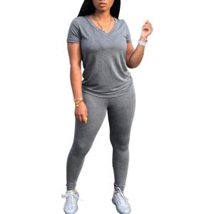 BORIFLORS 2 Piece Outfits for Women Workout Track Suits Long Sleeve Top Jogger Legging Pants Sets(A-short Sleeve Pants Set-healthy Grey)