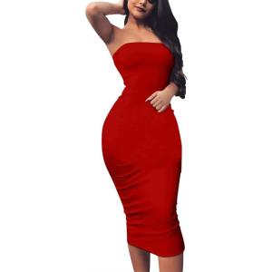 BORIFLORS Women’s Basic Sleeveless Tube Top Sexy Strapless Bodycon Midi Club Dress(Red)