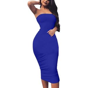 BORIFLORS Women’s Basic Sleeveless Tube Top Sexy Strapless Bodycon Midi Club Dress(Royal Blue)