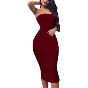 BORIFLORS Women’s Basic Sleeveless Tube Top Sexy Strapless Bodycon Midi Club Dress(Wine Red)