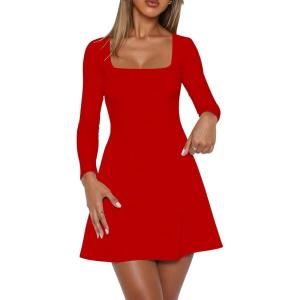 BORIFLORS Women’s Long Sleeve Square Neck Mini Dresses Fall Basic Casual A-line Party Short Dress(Red)