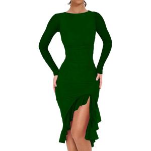 BORIFLORS Women’s Mesh Long Sleeve Ruffle Hem Bodycon Midi Dresses Ruched Party Cocktail Wedding Guest Dress(Dark Green)