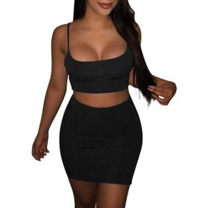 BORIFLORS Women’s Sexy 2 Piece Bodycon Mini Party Dresses Halloween Costume Strap Crop Top Short Skirt Set(Black)